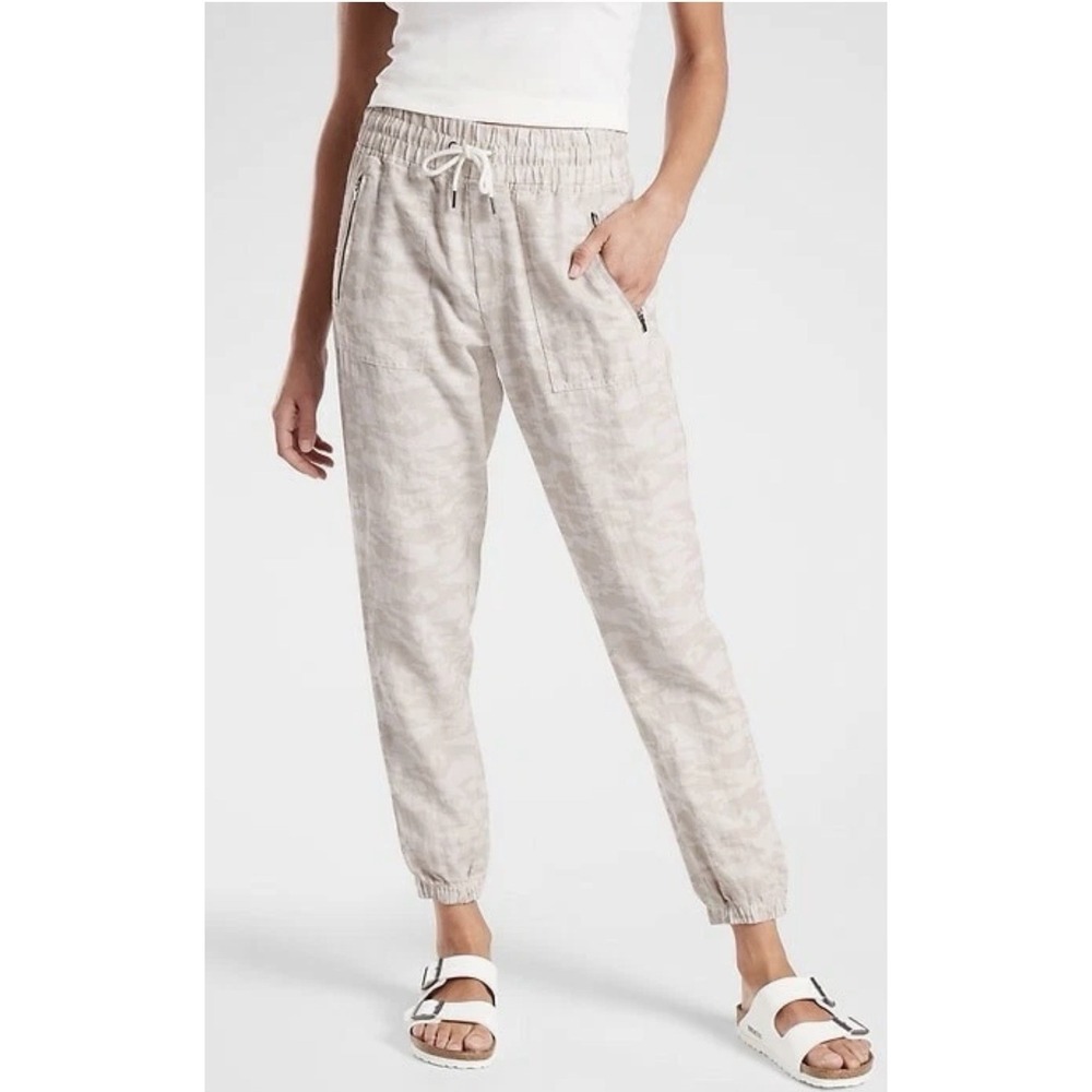 Athleta Cabo Linen Jogger Pants‎ Womens 4T Beige Elastic Waist Tapered Ankle